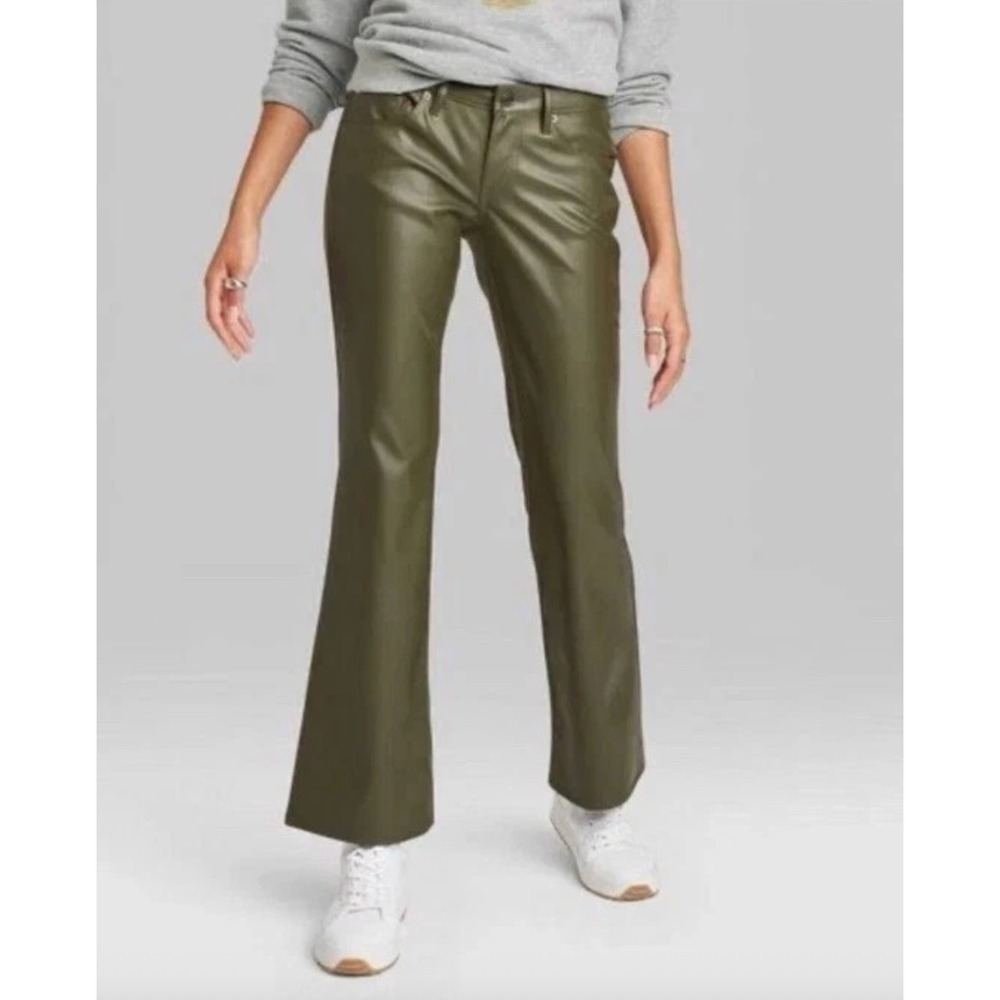 Wild Fable Olive Green Faux Leather Low Rise Flare Pants Women's Size 6 NWT